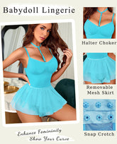 Avidlove Babydoll-Dessous für Druckknopf-Schritt, Chemise-Dessous-Set mit Neckholder-Choker, abnehmbarem Rock, Boudoir-Outfits